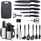 RAXCO Kitchen Utensils Set,18-Piece Cooking Utensils and Knife Set,Black | Food-grade Silicone Heat-safe to 410&deg;F, Detachable Stainless Steel Holder, 5 Kitchen Knives and Cutting Board All-in-one