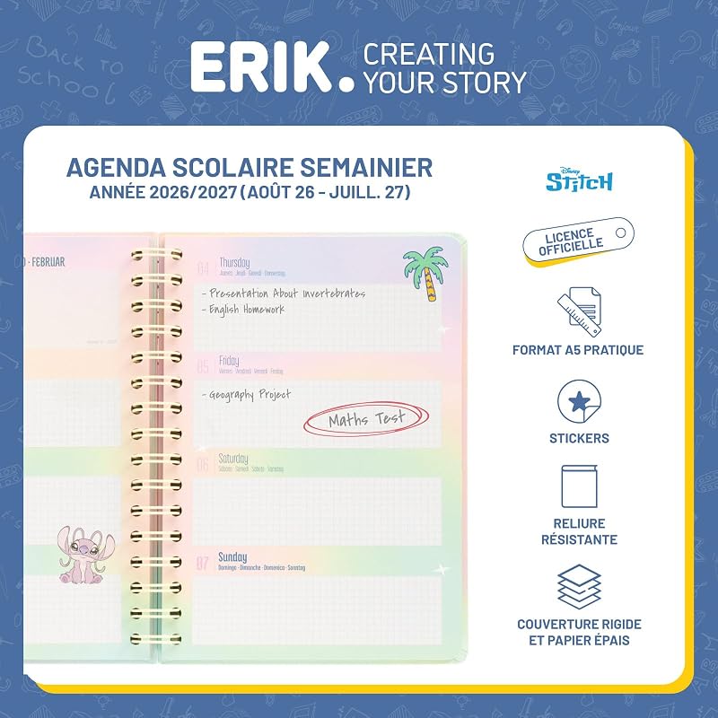 | Agenda Scolaire 2026 2027 Stitch et Angel - Semainier