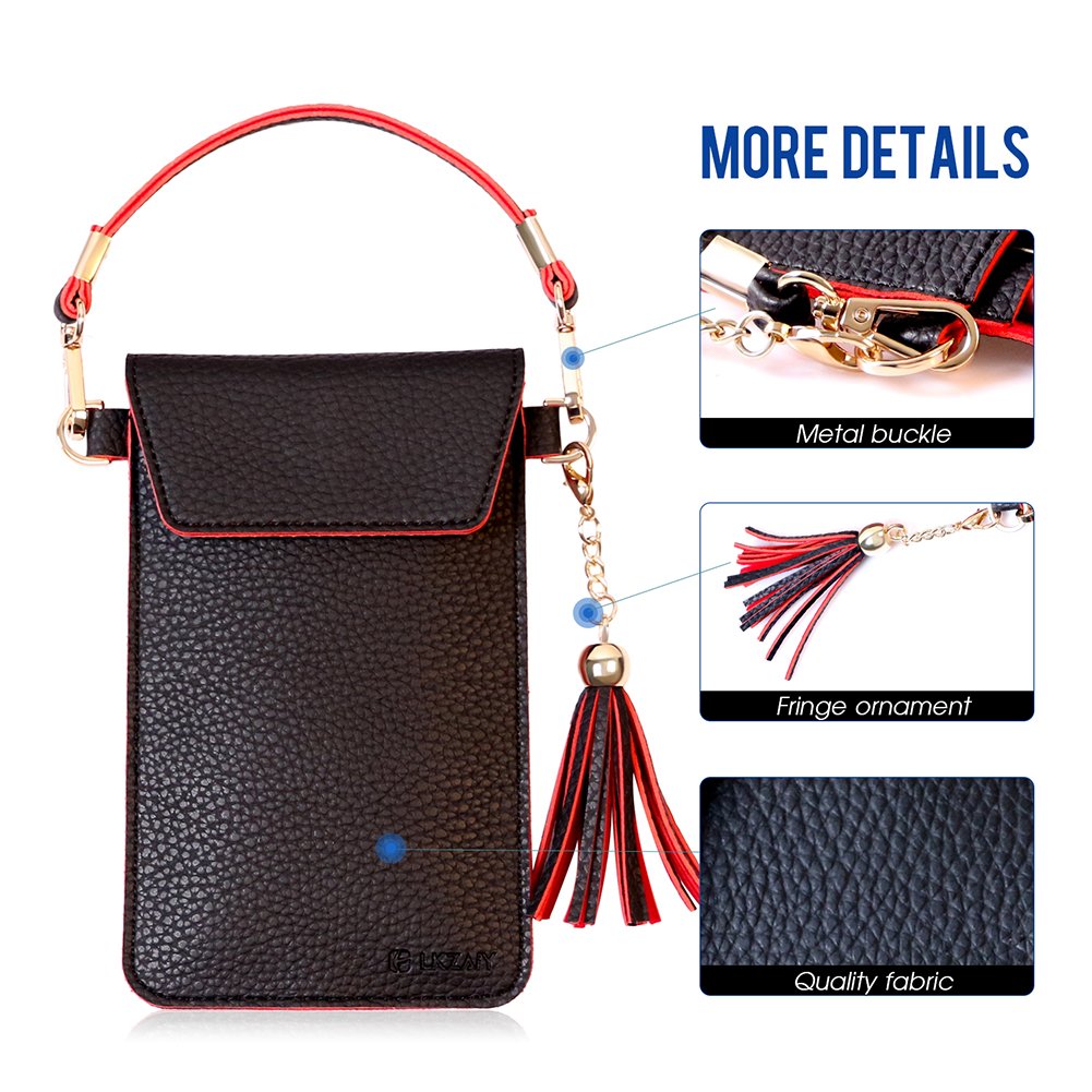 LKZAIY PU Leather Crossbody Bag Mini Phone Pouch with Shoulder Strap for iPhone 7 Plus, 6S Plus, 6 Plus, 7, 6S, 6, 5S, 5C, Samsung S8, S7 Edge, S6 Edge+, S6, S5, S4, J3, J7 (Black+Red)