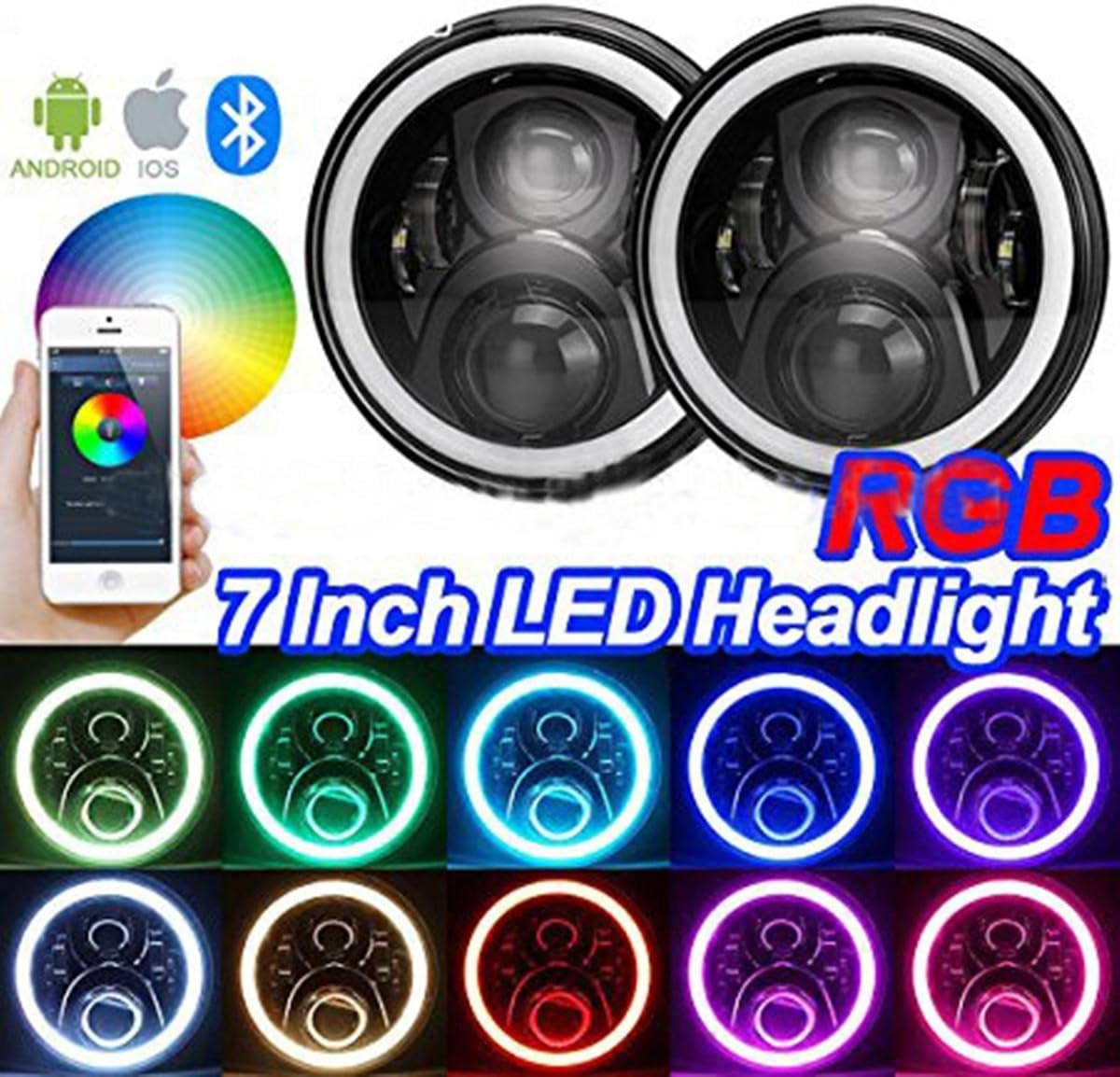 ZHITEYOU 7" Round Led Rgb Headlight led light With Bluetooth Control for jeep wrangler