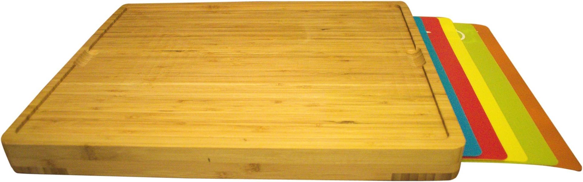 Wimports Large Bamboo Wooden Chopping Board with 5 Flexible Plastic Colour Coded Mats Set