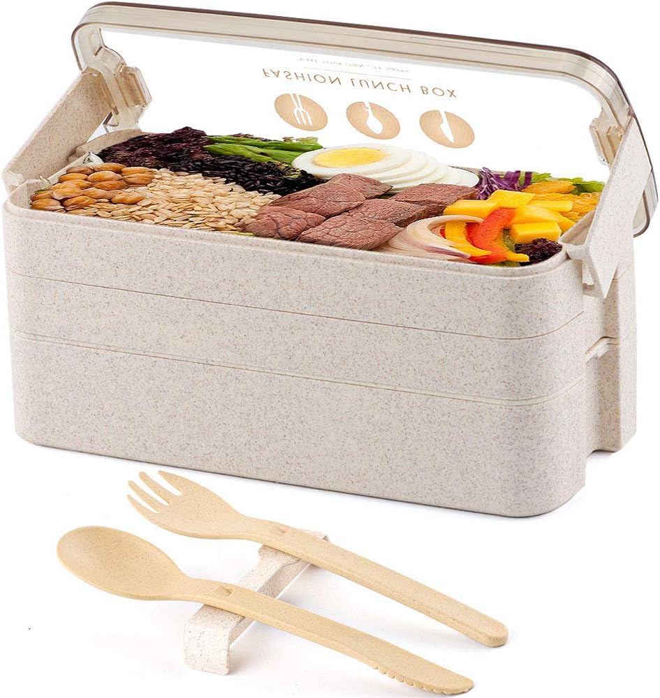 Lunch Bento Box Reusable Lunchbox for Work and School Leakproof Eco-Friendly Bento Box 3 Tiers with Fork & Spoon for Adults Kids