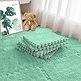 Jaderlu 16pcs 0.6" Thickened Interlocking Tile Mats,Fluffy Shaggy Soft EVA Foam Area Rug for Living Room & Bedroom,Non-Slip Protective Floor Carpet Play Mat Kids Dorm Home Decor (11.8ft, Mint Green)
