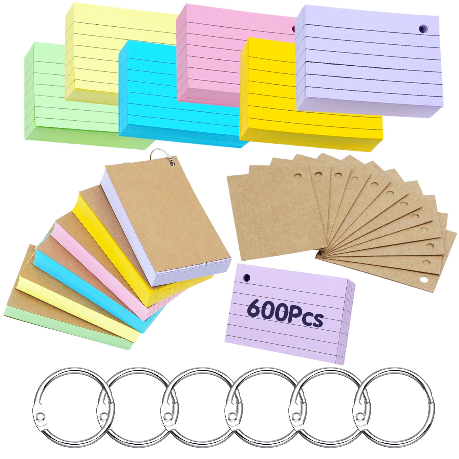 moinkerin Flash Cards 600 Pieces 3 * 2 Inch Multicolor Index Cards Record Cards with 7 Binder Rings 12 Kraft Paper Flashcards for Office Home School Learning
