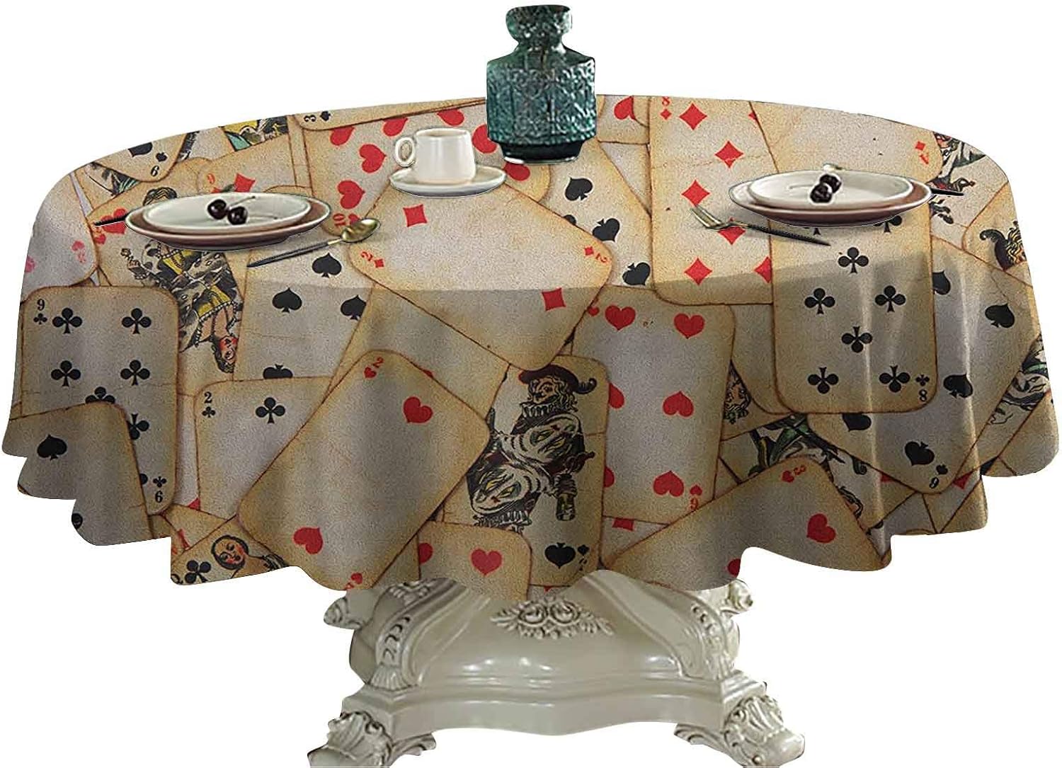 Casino Patio Round Tablecloth Old Playing Cards Themed