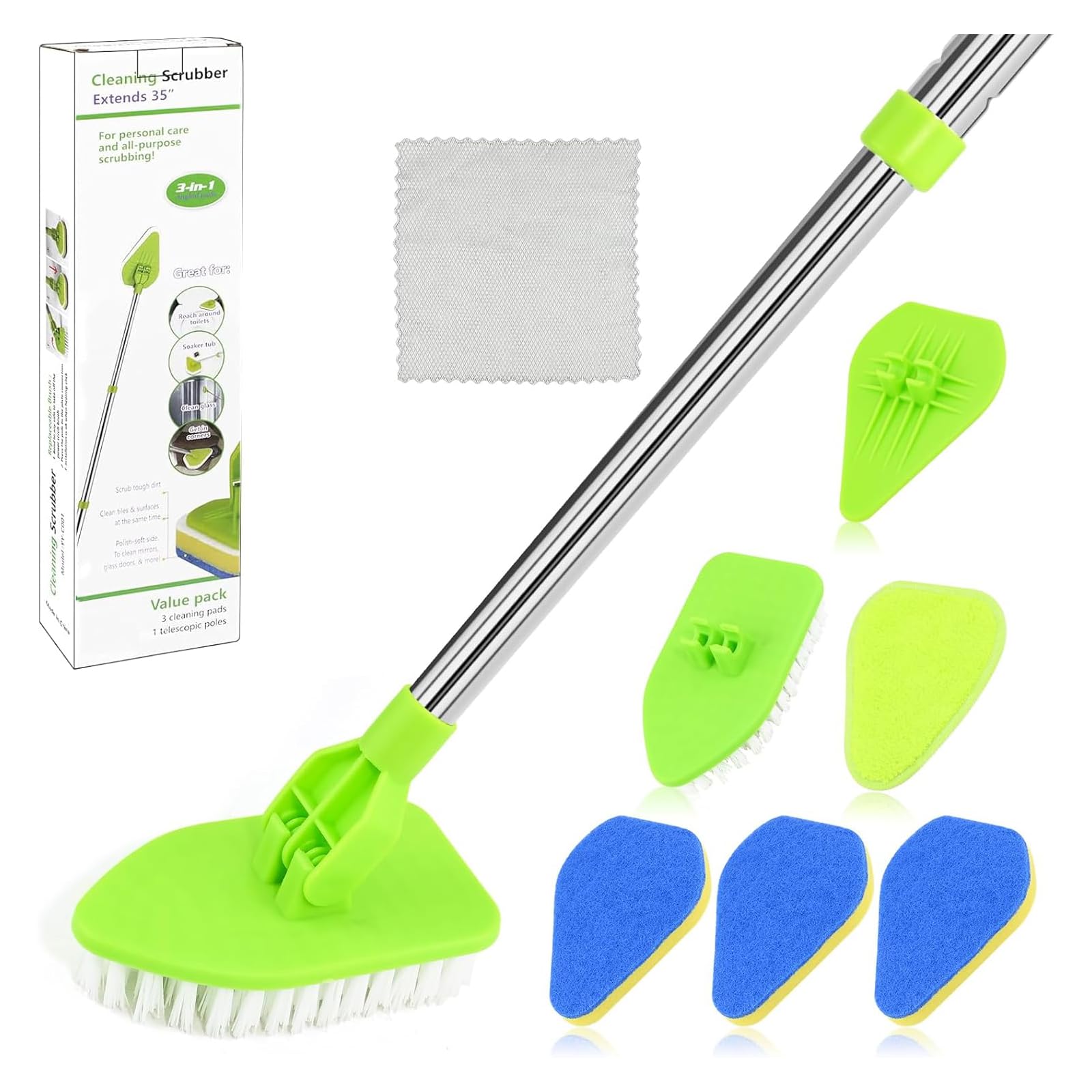 Long Handled Scrubbing Brush, 3 in 1 13in-32in Adjustable Handle Bathroom Cleaning Brush with Crevice Brush, 180° Rotatable Shower Cleaning Brush with Replaceable Stiff Bristle Tub and Tile Scrubber