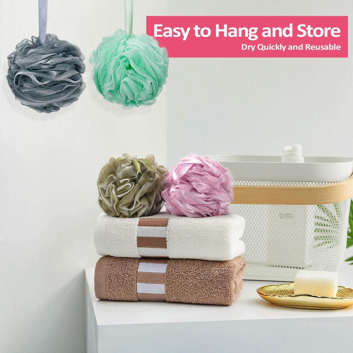 Titanker Bath Loofah Sponge, Shower Sponge Loofahs 60g/pcs Mesh Pouf Soft Body Scrubber Ball, Exfoliating Bath Sponge for Women and Men, Pack of 4, Grey-Pink-ArmyGreen-Green: Health & Personal Care