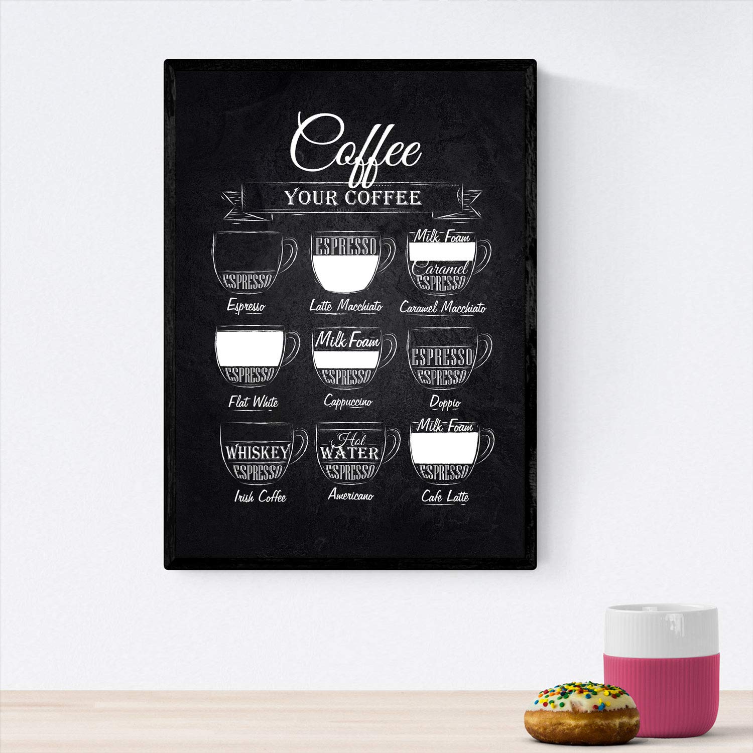 Nacnic foils coffee and wine. Coffee poster design with black background. A3 size