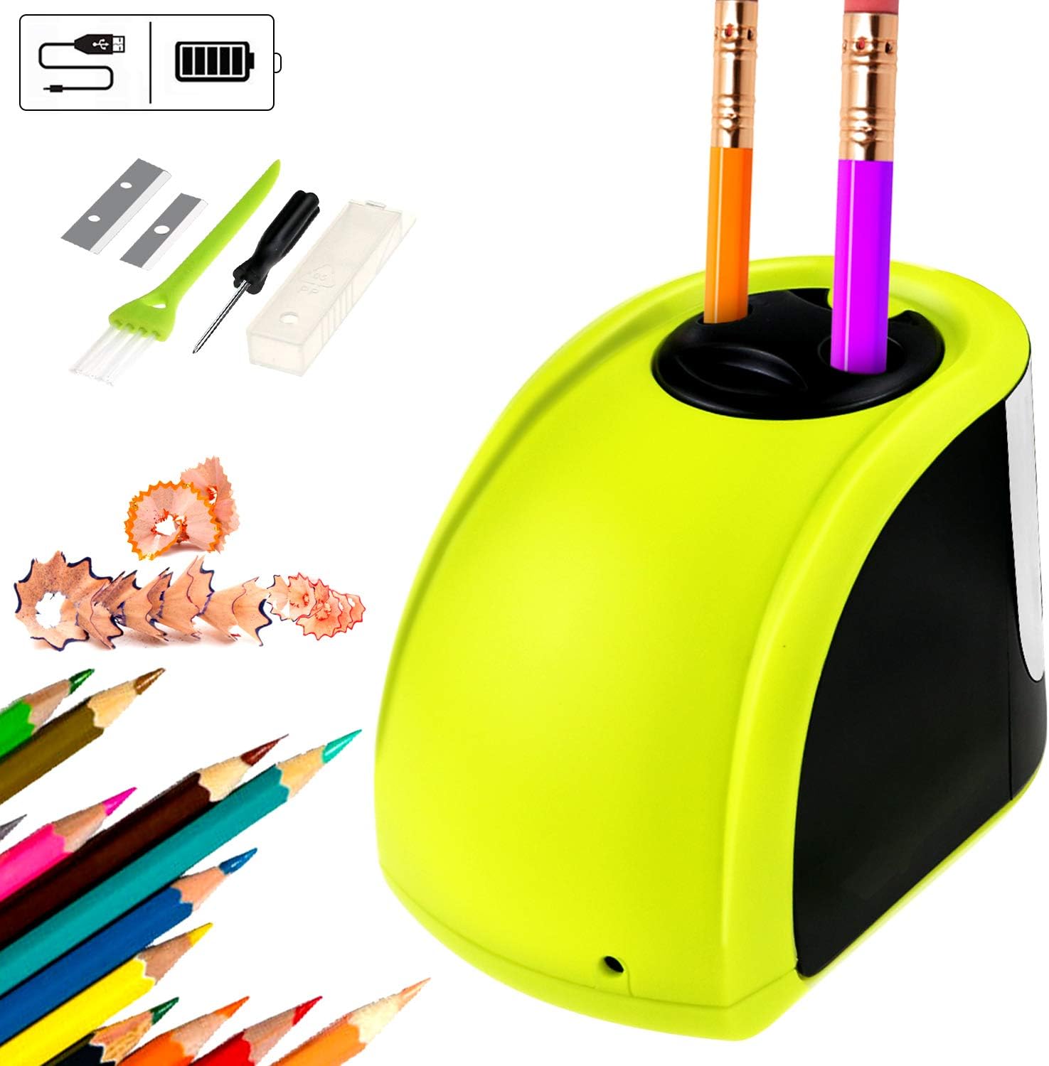 Bearbro Electric Pencil Sharpener, Dual Holes Automatic Pencil Sharpener,USB or Battery Operated- Pe