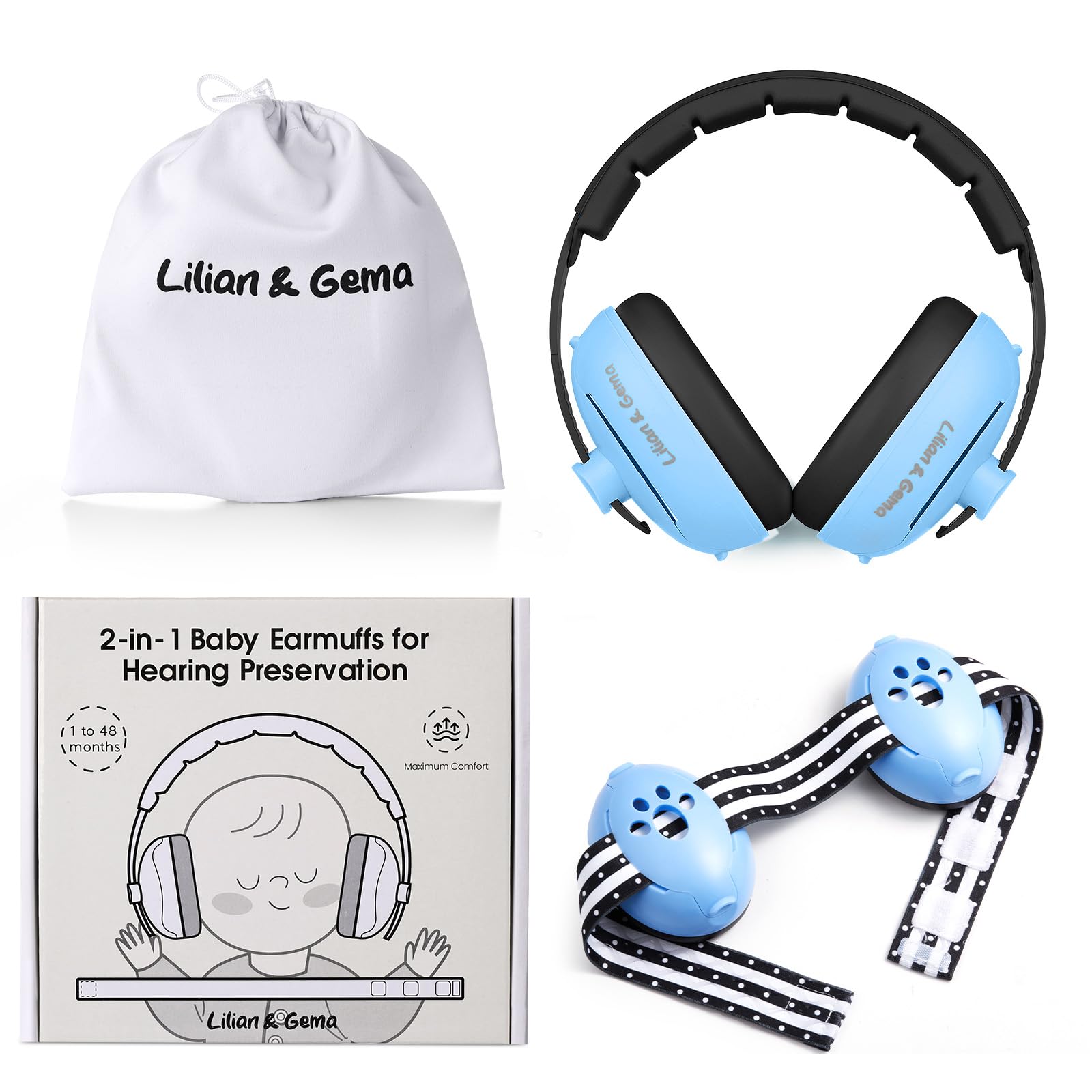 Lilian&Gema 2-in-1 Baby Ear Defender for Babies and Toddlers up to 4 Years, Adjustable Baby Headphones with Stretchy Band, Noise Cancelling Headphones, Against Hearing Damage & Improves Sleep (Blue)