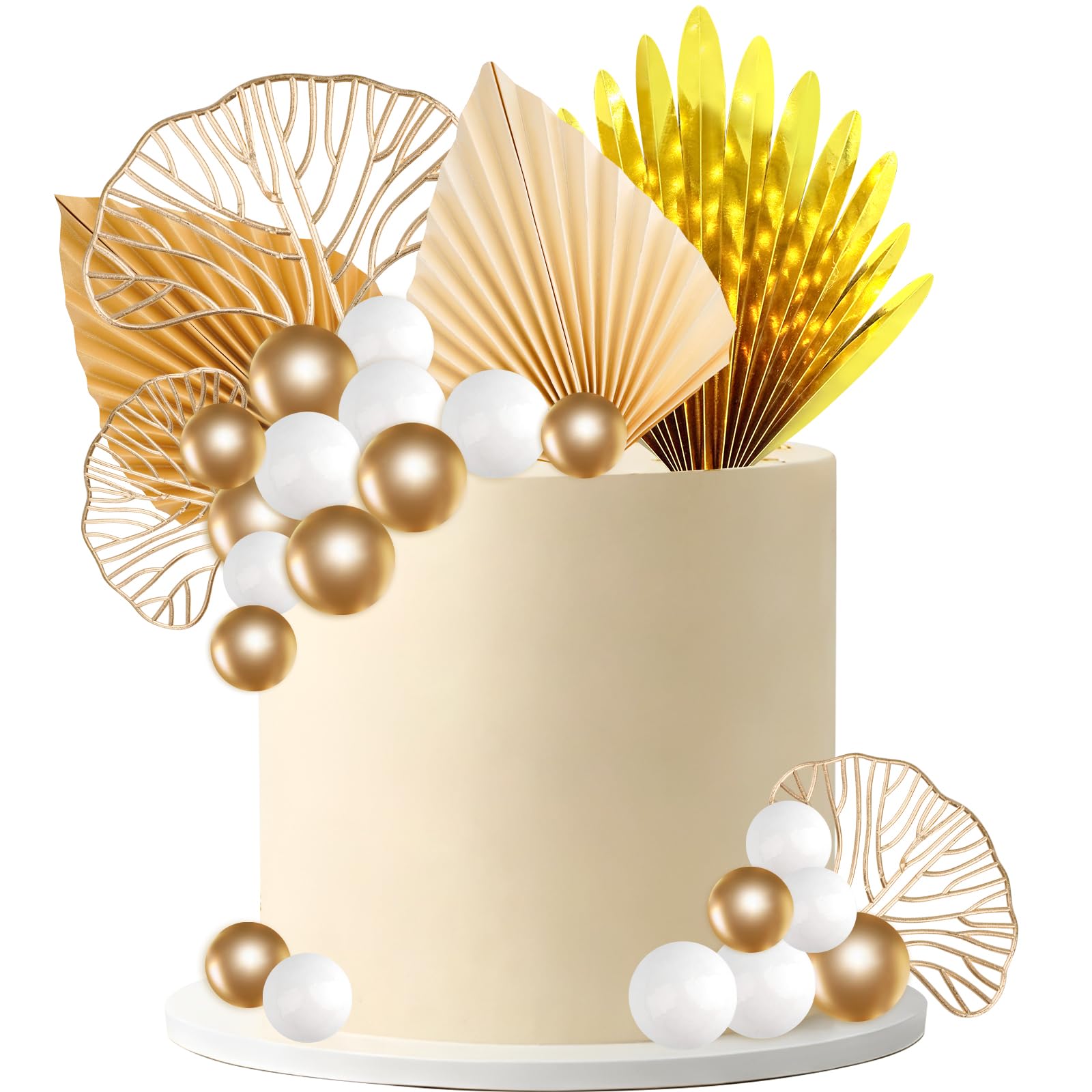 26Pcs Boho Cake Topper,White Gold Balls Cake Decorations,Balloon Cake Cupcake Topper for Birthday Wedding Baby Shower Party Supplies