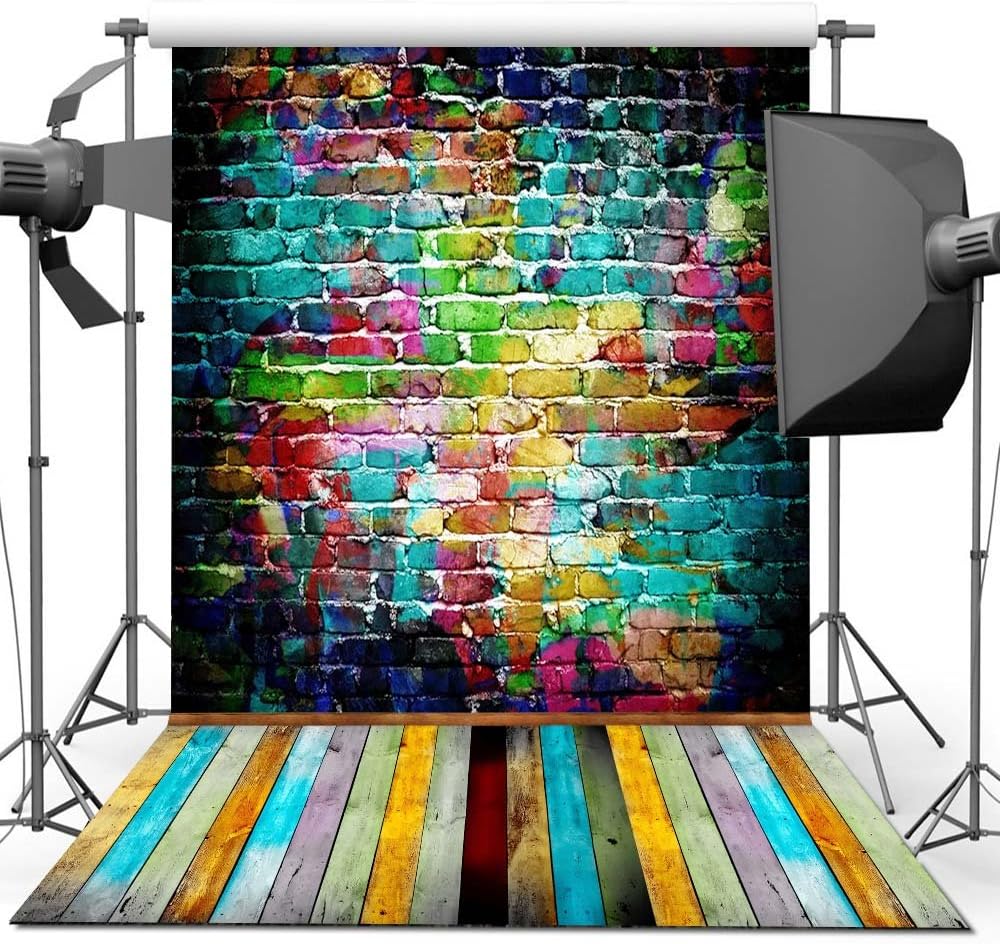 Photo Backdrop, econious 1.5 x 2.2 m Colorful Brick Wall Wood Floor Backdrop for Photography, Resistant Fleece-Like Cloth Fabric, With Rod Pocket(Backdrop Only)