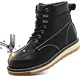 SAFETY LOONG Moc Toe Work Boots for Men Waterproof Soft/Steel Toe Comfortable Full Grain Leather Non Slip Wedge Outsole Construction 6" Workboots