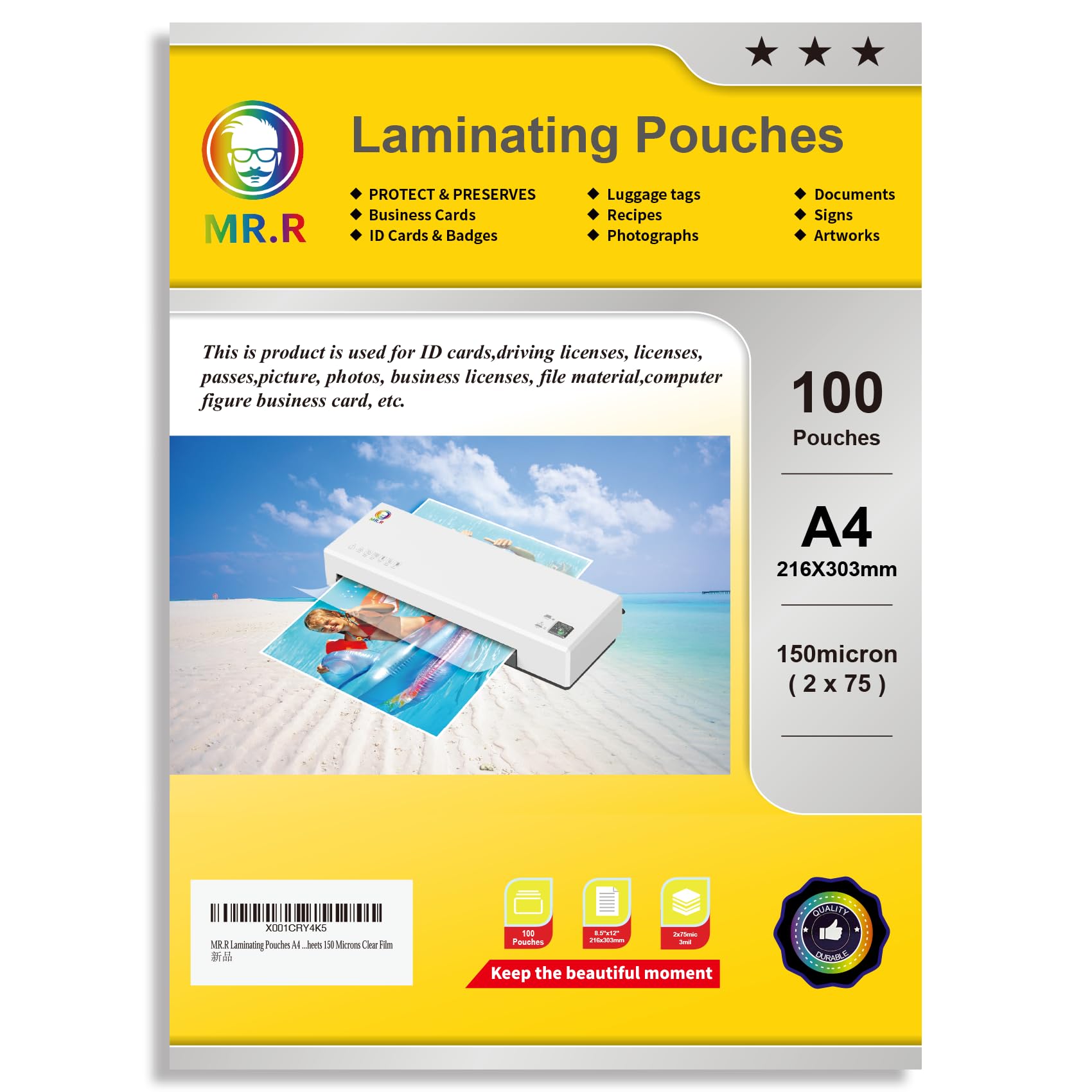 MR.R Thermal Laminating Pouches A4 Size Glossy Clear Thermal Laminate Plastic Laminator Sheets for Photos Files Drawings for Use with Thermal Laminators 150micron (2x75micron)