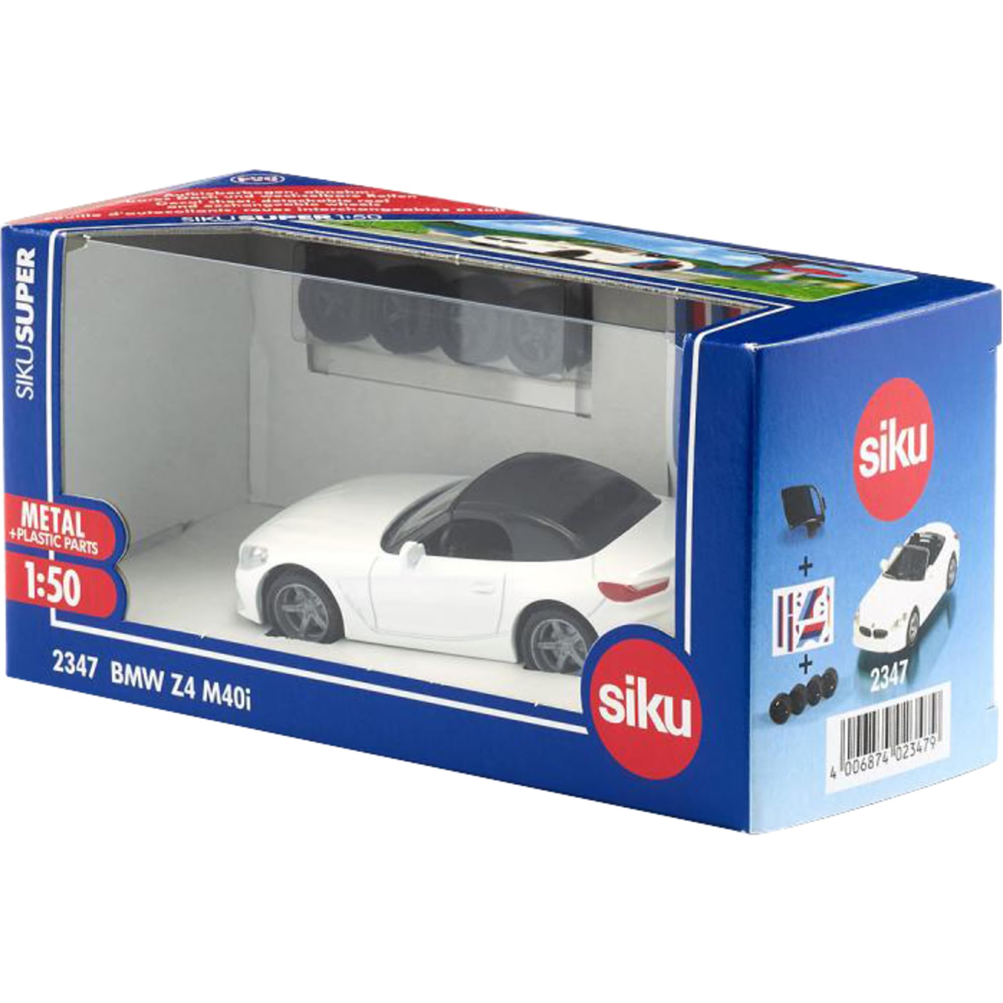 siku 2347, BMW Z4 M40i, 1:50, Metall/Kunststoff, Weiß, Spielzeugauto für Kinder, Abnehmbare Räder, Inkl. Stickerbogen mit Stickern im M-Design 6