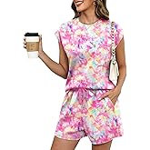 LOMON Two Piece Shorts Sets for Women Vacation Trendy Lounge Sets Crew Neck Matching Sets Cap Sleeve Airport Suits