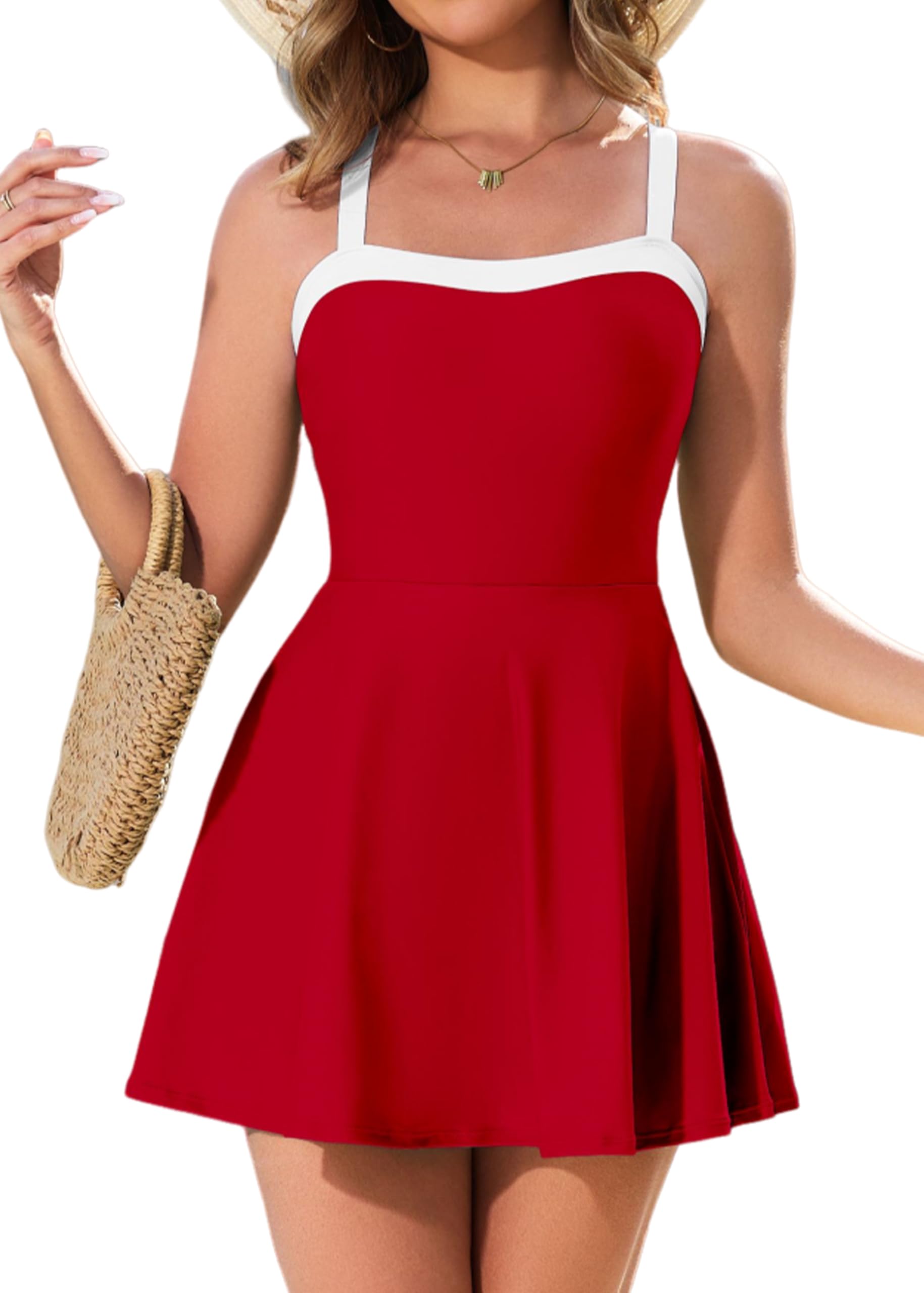 Photo 1 of Eagerbuy Women's One Piece Swimdress Swimsuits for Women Tummy Control Swim Dress Red