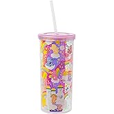 Silver Buffalo Care Bears Rainbow Stars Featuring Funshine, Grumpy, Cheer, Tenderheart Bear Iridescent Plastic Tall Cold Cup With Lid and Straw, 20 Ounces