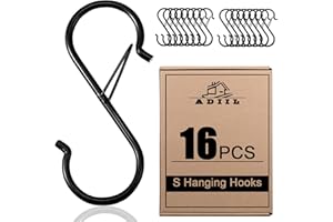 ADIIL 16 Pcs S Hooks for Hanging with Safety Buckle, Heavy Duty Metal S Shaped Closet Hooks for Hanging Plants, Kitchen Utensils, Jeans, Bags, Pots, 3.75 Inch, Black
