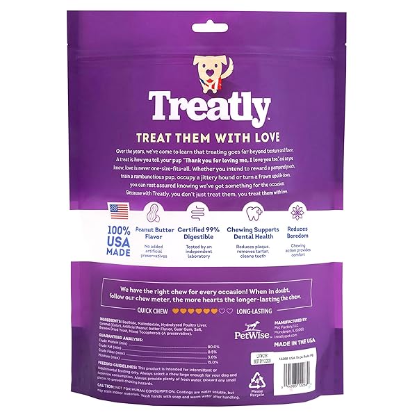TREATLY USA BEEFHIDE ROLLS 8-9″ DOG CHEW TREATS – PEANUT BUTTER FLAVOR, 15 COUNT/1 PACK
