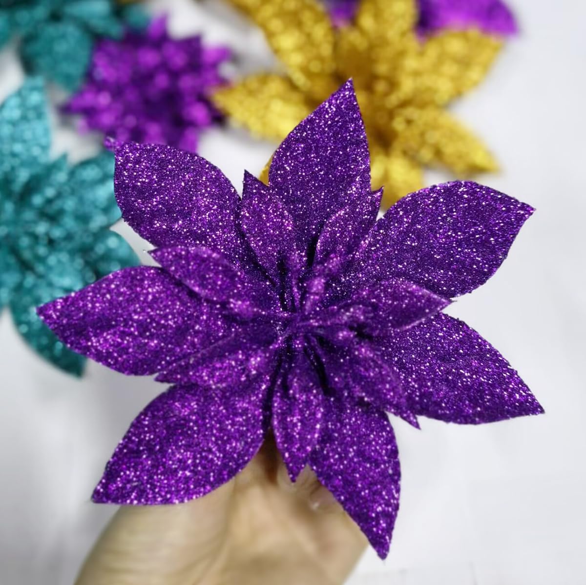 YYCRAFT Glitter Poinsettia Flowers 6 Inch for Christmas Tree Ornaments Christmas Decorations(12pcs,Purple)