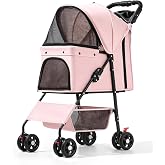 Lightweight Pet Stroller for Small/Medium Dogs and Cats Up to 44lbs | One-Click Fold Portable Dog Stroller with Adjustable Canopy, 4 Wheels Cat Stroller with Storage Basket &amp; Cup Holder