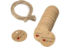 150 PCS Kraft Paper Gift Tags - Handmade With Love Round DIY Name Tags - Brown Favour Tags for Wedding, Luggage, Crafts - Han