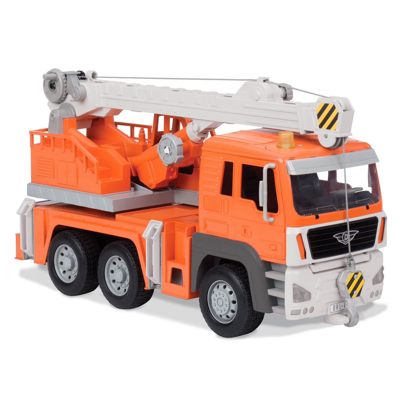 Driven by Battat - Large 18 Inch Orange Crane Truck Toy for Kids – Lights & Sounds, Movable Boom Arm, Extendable Hook – Construction Vehicle Toy – 3+ Years
