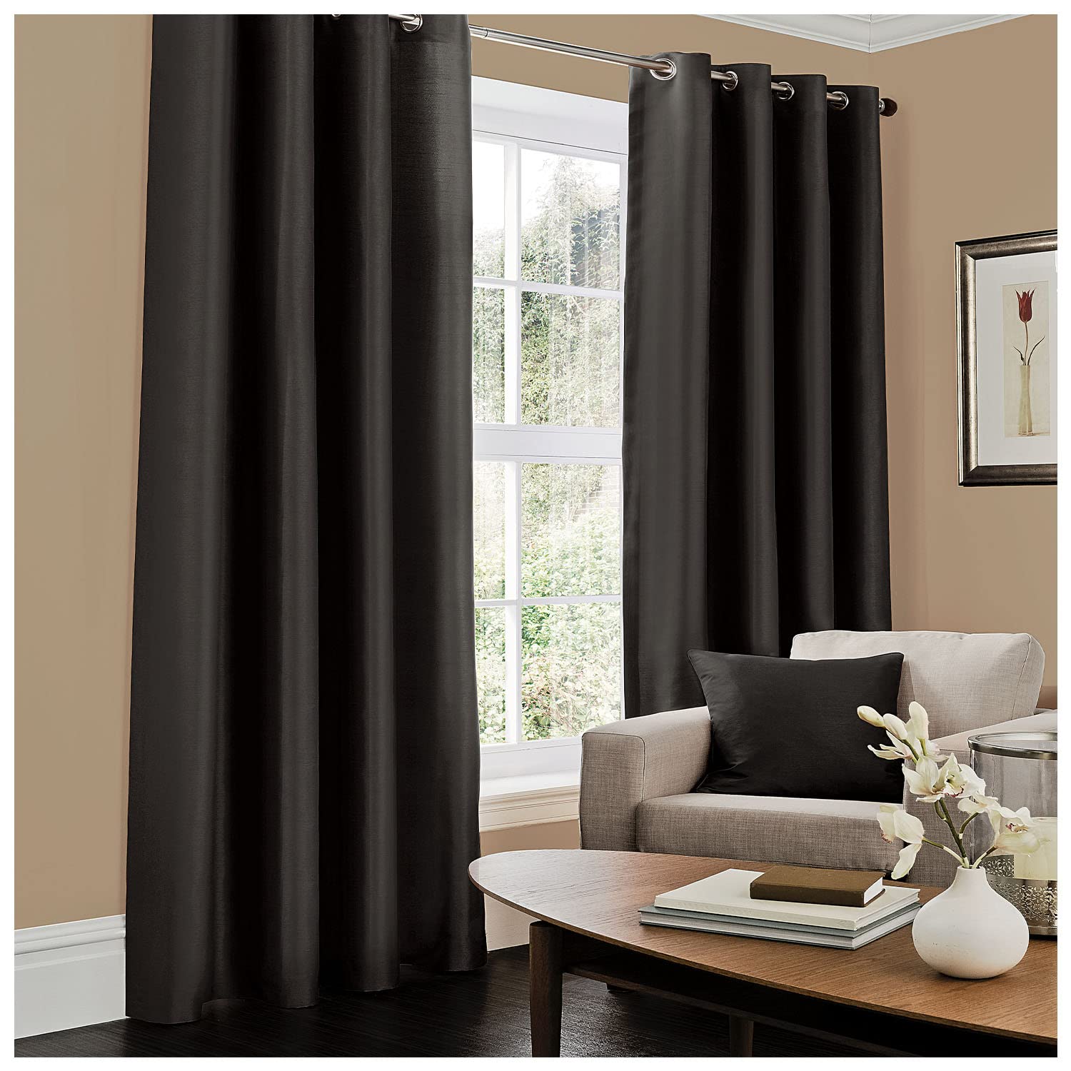 GC GAVENO CAVAILIA Plain Faux Silk Eyelet Curtains, Polyester, Black, 90x90 Inches — image 1