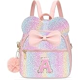 PRLINJSK Initial Mini Backpack for Girls Toddler Kids, Small Mouse Personalized Bowknot Purse Gift (Glitter A)