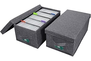 T WaveTree DVD Storage Box Pack of 2, Practical Movie Organizers15.75 x 8.46 x 6.3 Inch, DVD Rack with Lids and Index Labels to Hold up to 50 DVD Cases - Gray
