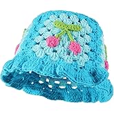 Fiewmay Crochet Bucket Hat for Women Handmade Floral Hat Portable Knitted Elastic Cute Beach Hat for Vacation Traveling