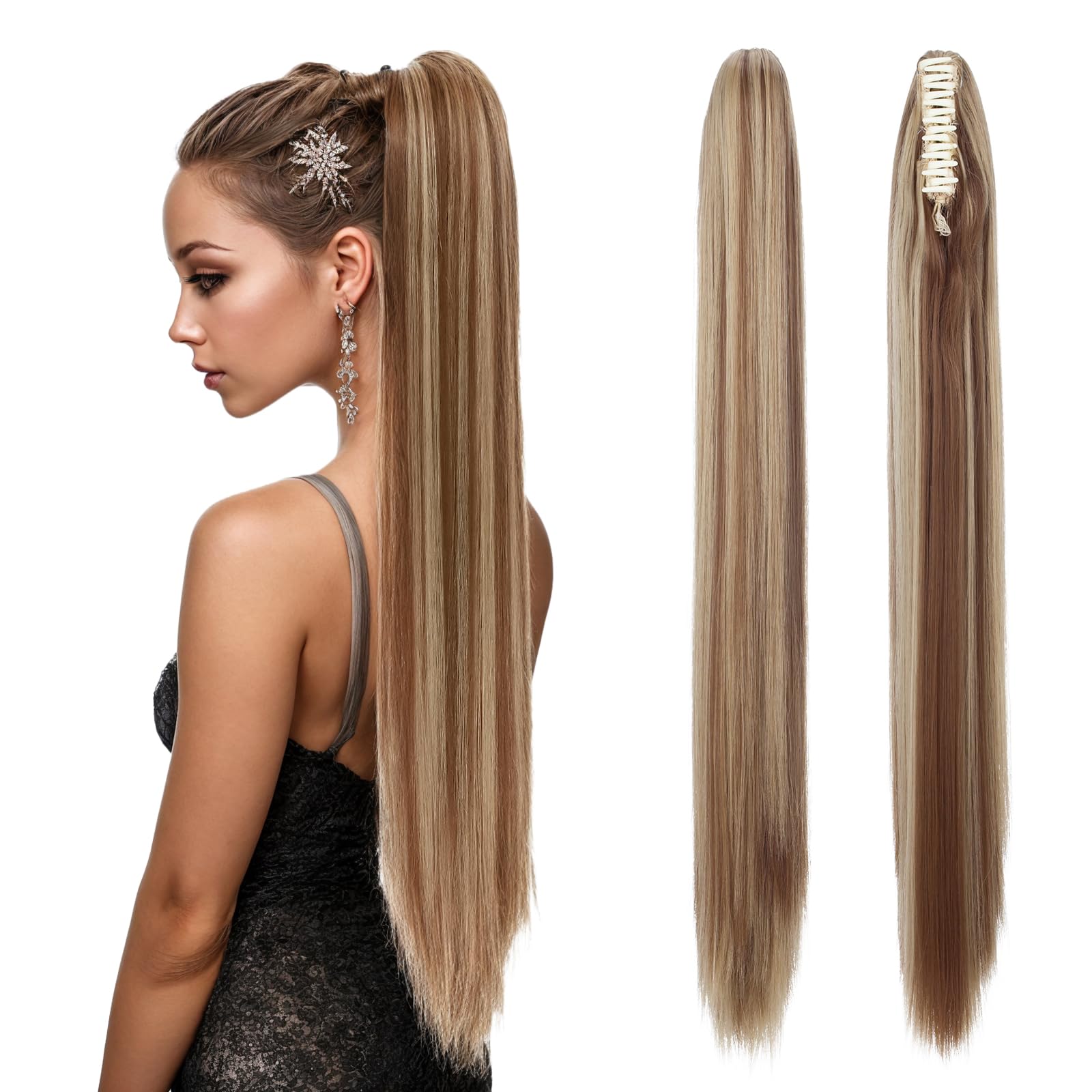 TESS Claw Clip in Ponytail Hair Extensions, 26 Inches Straight Ponytail Extension Light Brown with Ash Blonde Highlighted Hair Extensions Clip in Balayage for Women 150g — image 1