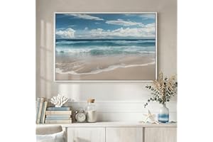 Framed Coastal Beach Wall Art for Room Decor, Blue Ocean Seascape Canvas Artwork for Walls, Nature Nautical Cozy Landscape Pi