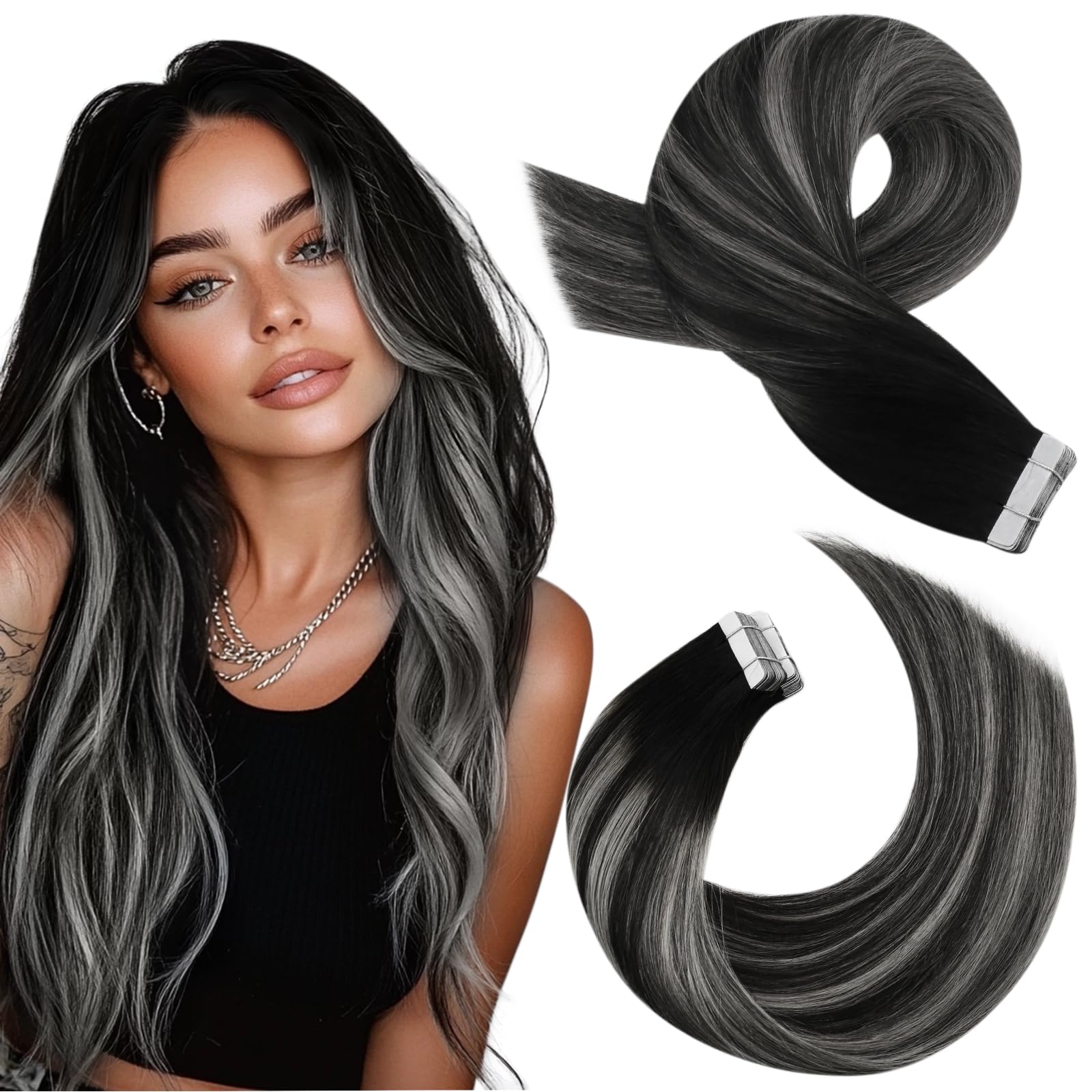 Moresoo Tape in Hair Extensions Balayage Black and Silver 14 Inch Tape in Human Hair Extensions Remy Hair Natural Black Roots Balayage Silver 20pcs/50g #1B/Silver/1B — image 1