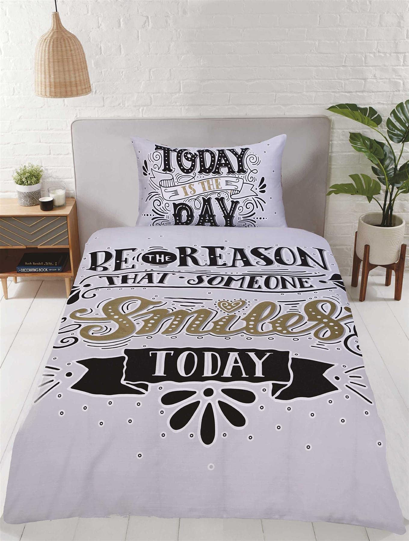 Rapport Home Grey Positivity Typography Duvet Cover Set Single Unisex Bedding Set with Printed Pillowcase