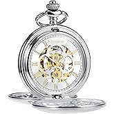 TREEWETO Men's Mechanical Pocket Watch Vintage Steampunk Smooth Double Case Roman Numerals Fob Watches for Men Women with Chain Box