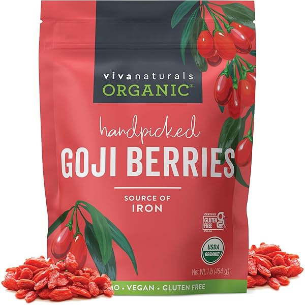 VIVA NATURALS ORGANIC DRIED GOJI BERRIES, 1 LB (454 G) – NON-GMO, VEGAN WOLFBERRIES, PERFECT FOR GOJI BERRY TEA, SMOOTHIES, BAKING & SNACKING