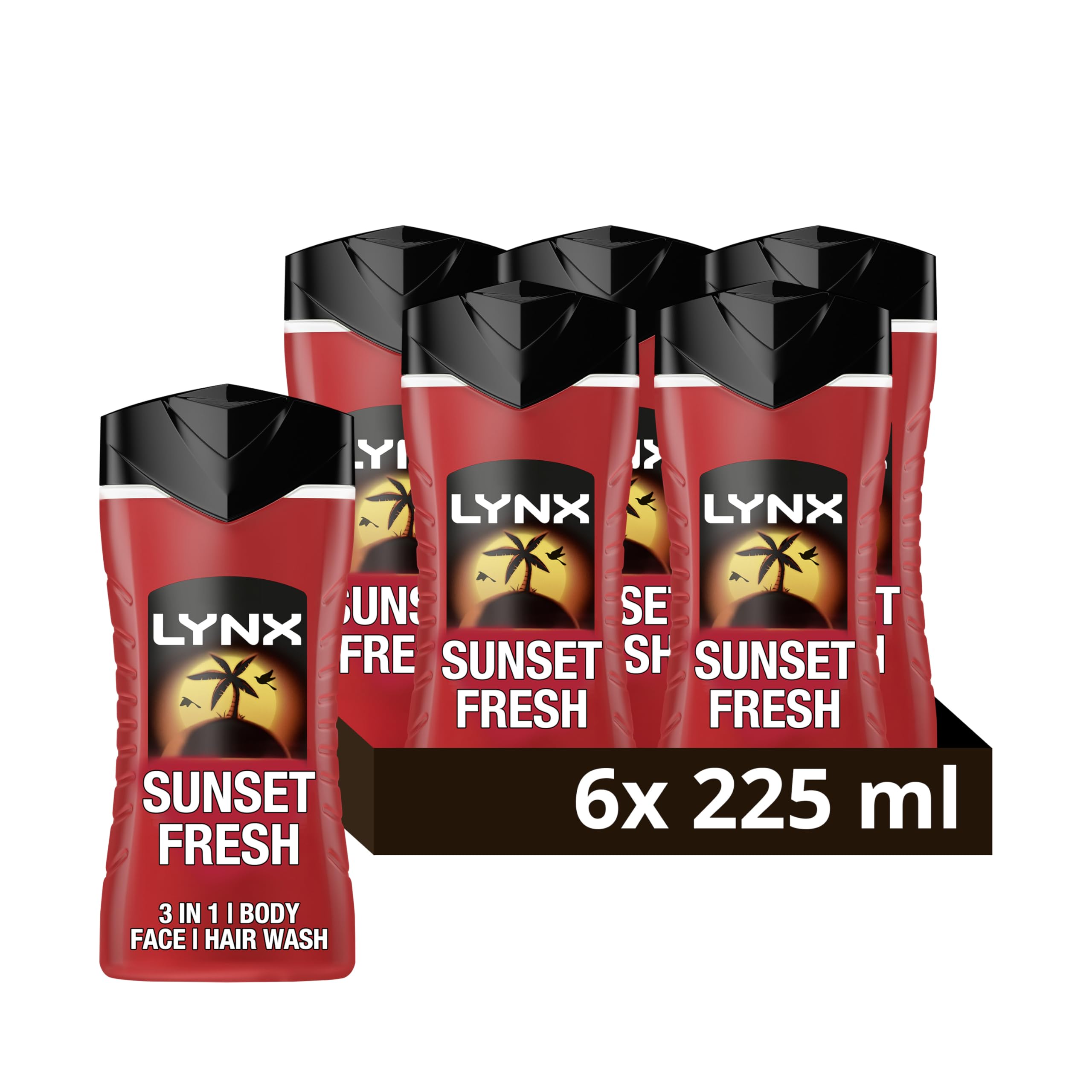 Lynx Sunset Fresh 3-in-1 Body Wash Men's Hair, Face and Body Cleanser with a mango & mandarin scent for all-day freshness 6x 225 ml