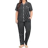 SWOMOG Women's Plus Size Pajama Set Short Sleeve Sleepwear Top and Pants Button Up Pajamas for Women Loungewear