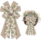Hying Large Spring Bows for Wreath, Burlap White Magnolia Flower Bow for Front Door, Village Camellia Flower Wreath Bows for Party Decor Indoor Outdoor Wall Spring Summer Decoration Supplies Ornament