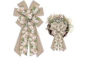 Hying Large Spring Bows for Wreath, Burlap White Magnolia Flower Bow for Front Door, Village Camellia Flower Wreath Bows for Party Decor Indoor Outdoor Wall Spring Summer Decoration Supplies Ornament