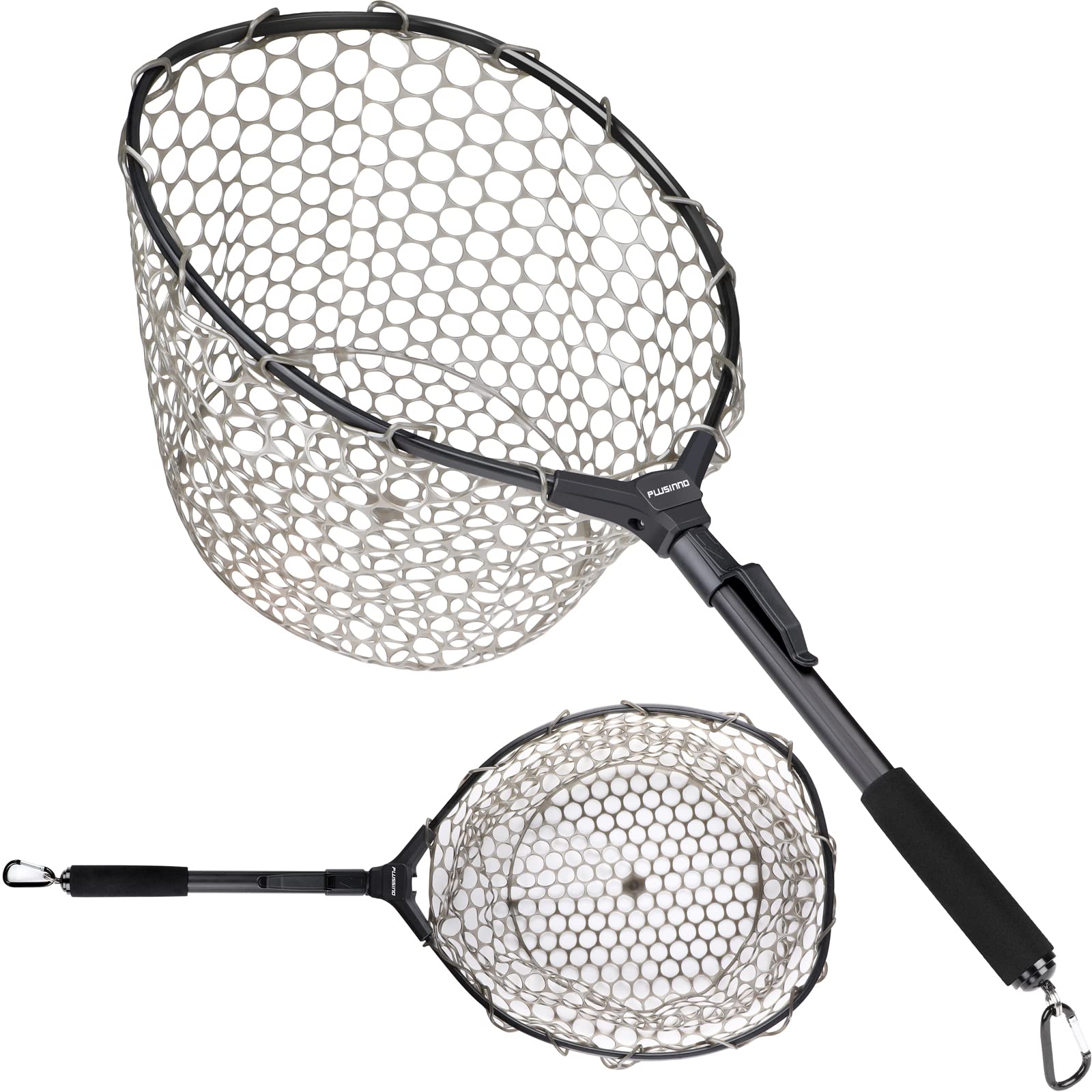 PLUSINNO Fly Fishing Net, 16" x 13" Hoop Size, Rubber Mesh, Folding, Portable, Lightweight, Telescopic Handle, Perfect for Fly Fishing, Kayaking, Boating