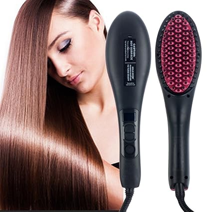 Techsun Mart 2 In 1 Ceramic Plastic Hair Straightener Brush Black