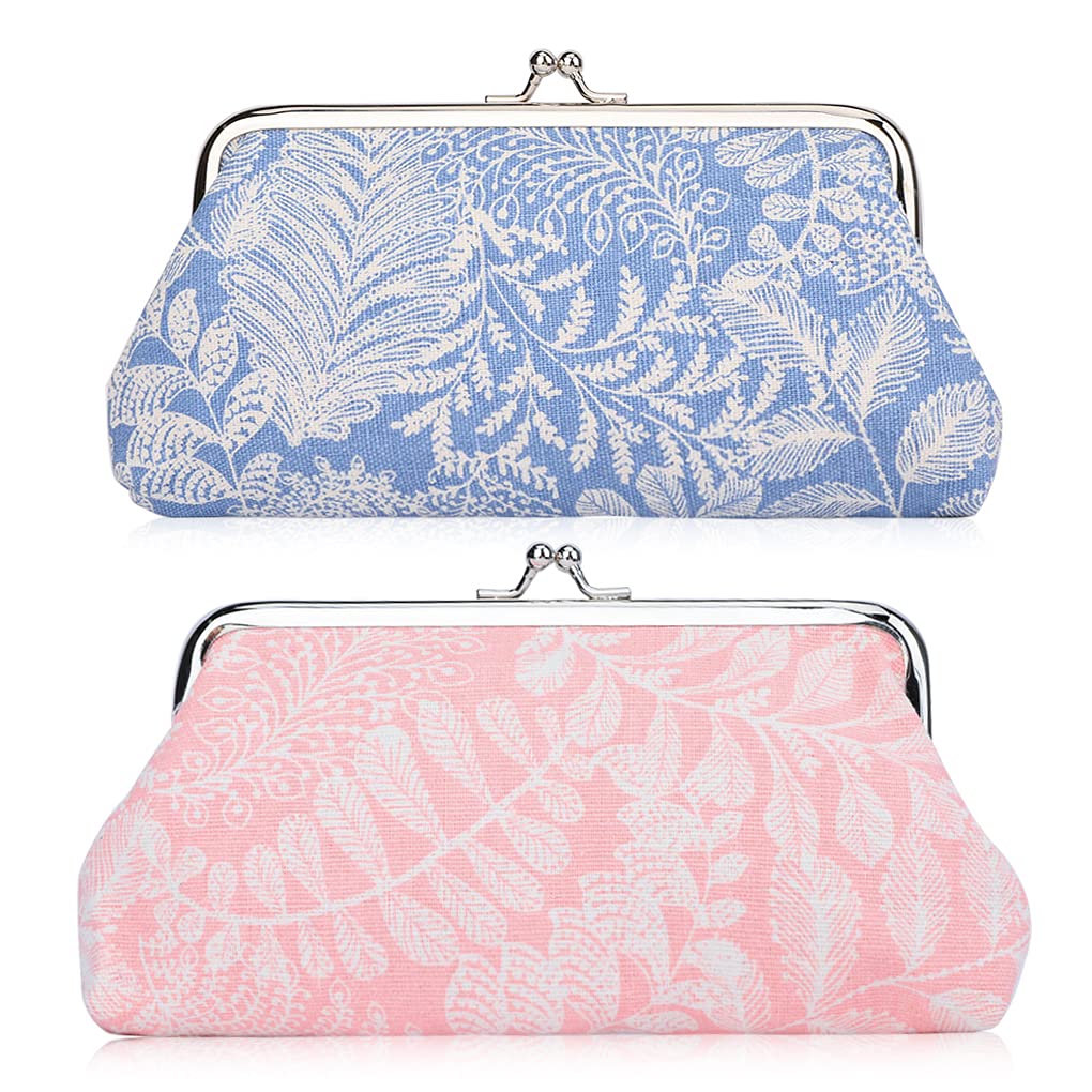Oyachic 2 Packs Buckle Coin Purse for Women, Small Coin Pouch, Leaf Print Change Wallet Kiss Lock, Clasp Clutch for Credit Cards, Cash, Phone