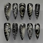 Halloween Black Press on Nails Long Stiletto, Black Fake Nails with Swirl Abstract, Reusable Handmade Acrylic Nails for Women Modern Gothic Daily Manicure Women Daily Wear Party 24PCS
