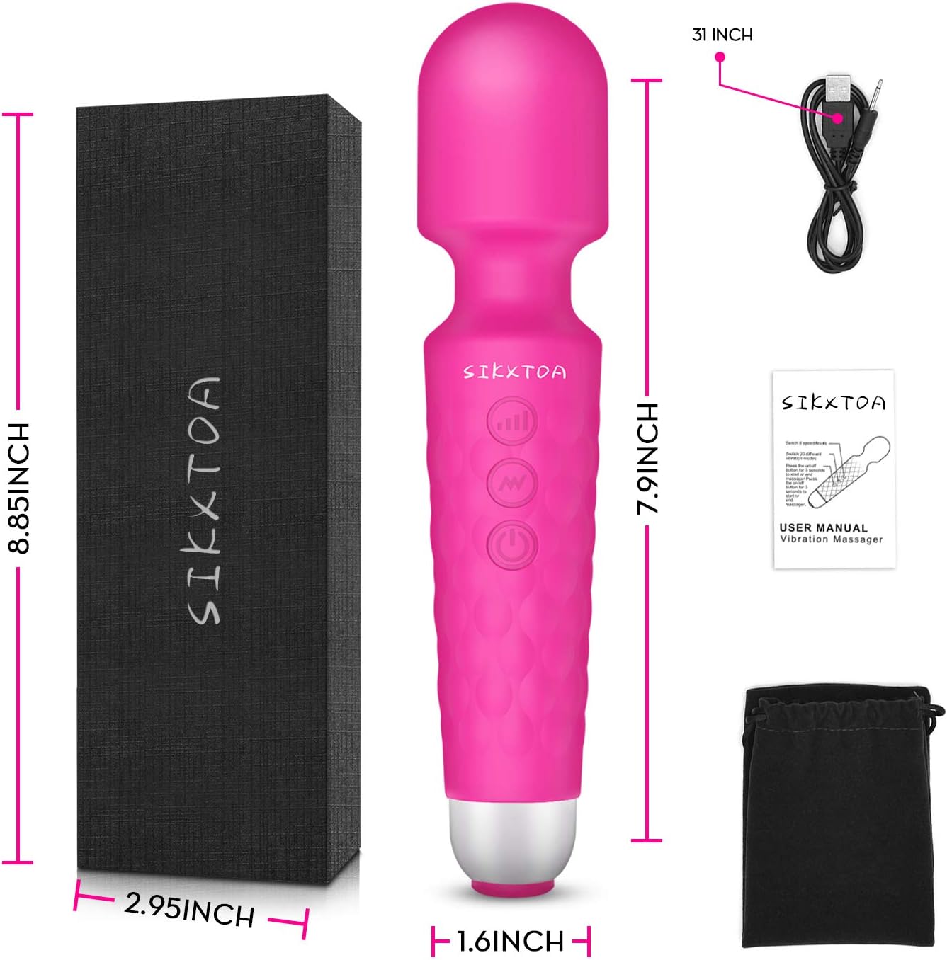 SIKXTOA Powerful Wand Massager with 20 Vibration Modes 8 Speeds, Wireless Handheld Waterproof Quiet Rechargeable Portable Personal Full Body Massager Relieve Muscle Stress Relaxing Body - Rose: Health & Personal Care