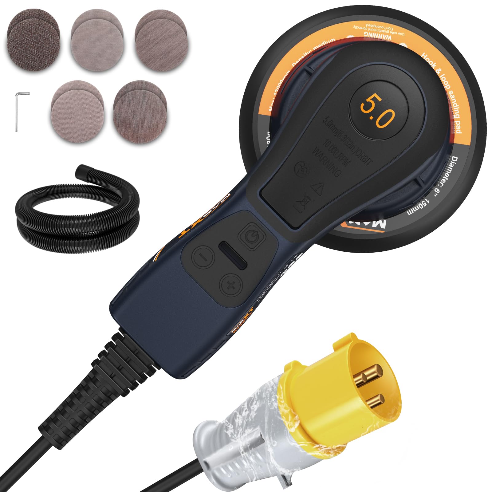MAXXT 150mm 110V UK Plug Orbital Sander | 350W Brushless Motor, 6-Speed (4000-10000 RPM), Waterproof Design for Woodworking & Outdoor Use | Low Vibration & Dust Extraction