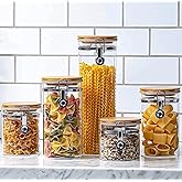Le'raze Set of 5 Borosilicate Glass Food Storage Canisters with Airtight Bamboo Clamp Lid, Kitchen Bathroom and Pantry Organization Containers, Cookie Jars for Flour
