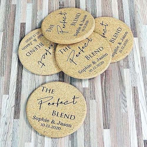 Personalised Cork Coasters, Wedding Favours, Custom Engraved Round